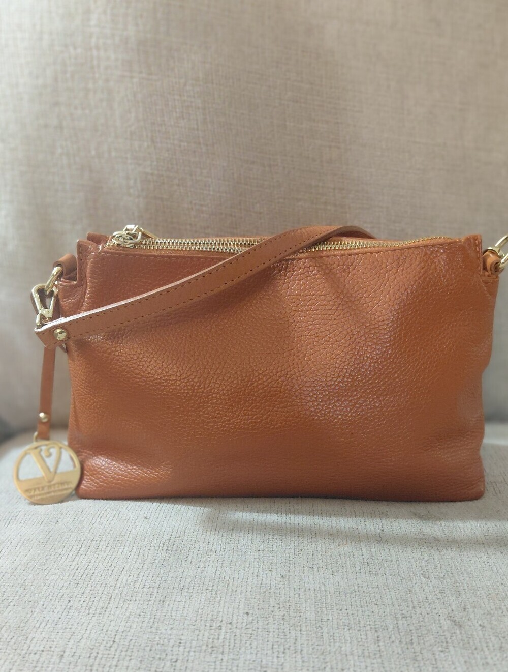Valentina Cognac Leather Shoulder Bag with Gold Charm